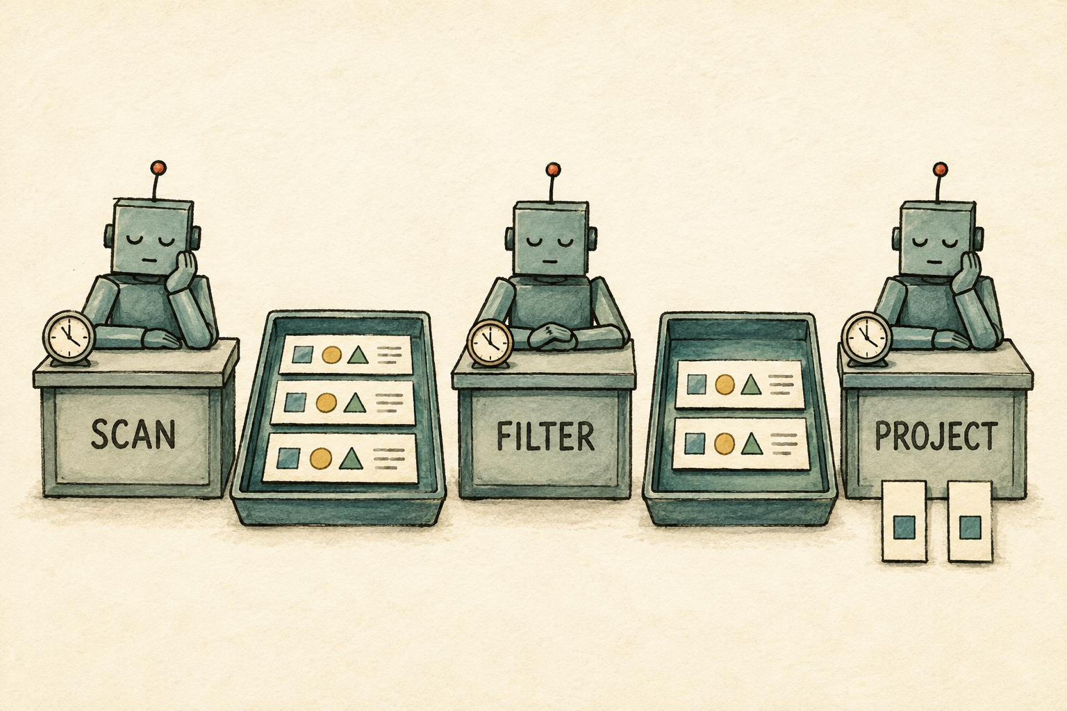 Scan, Filter, and Project each fill a complete tray of rows before the next operation begins.