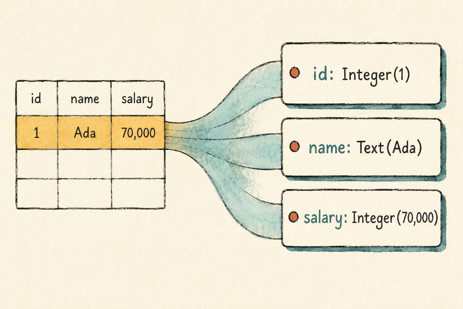 Ada's table row opens into three labeled cards containing an integer, text, and integer value.
