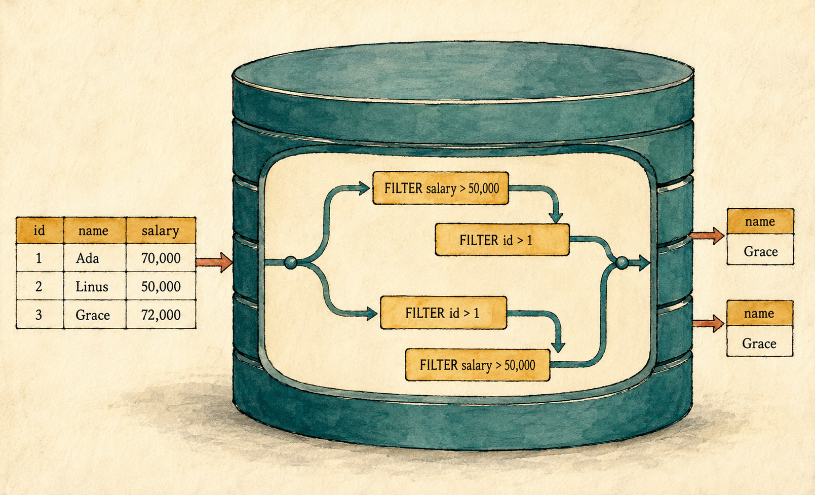One employee relation passes through two differently arranged query-plan paths that produce matching result relations.