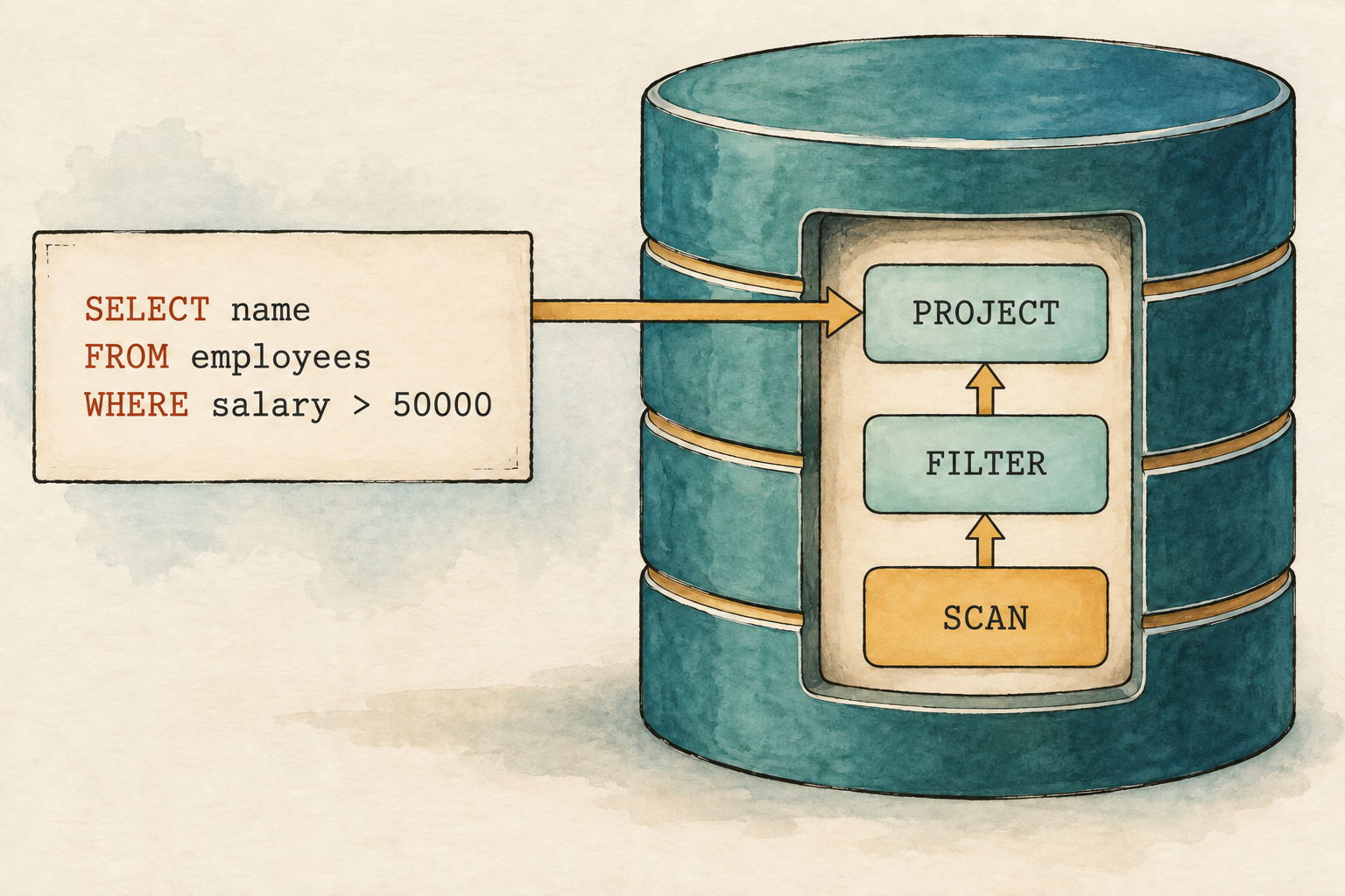 A short SQL request enters a database and emerges as a Scan, Filter, and Project plan.