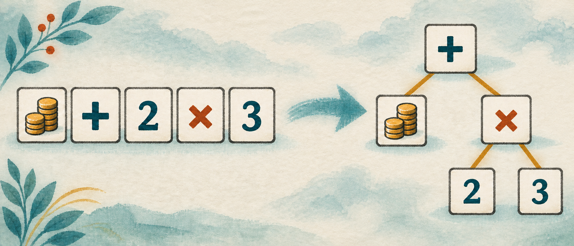 A flat salary-plus-two-times-three expression becomes a tree whose multiplication branch is nested beneath addition.