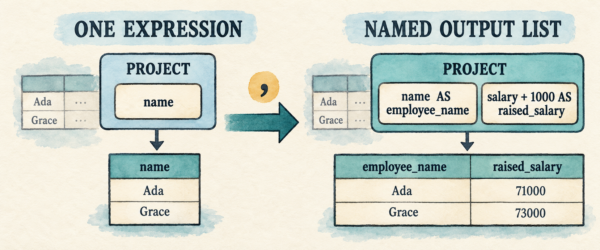 A narrow one-column result from one selected expression expands into a two-column result whose employee name and computed salary have explicit output names.