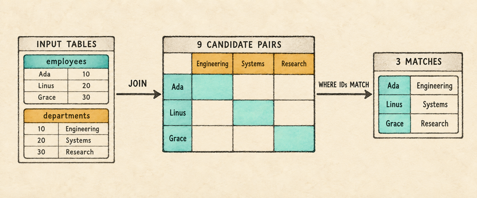 Literal employees and departments tables form a nine-cell candidate-pair matrix, whose three matching cells become three employee-department output rows.
