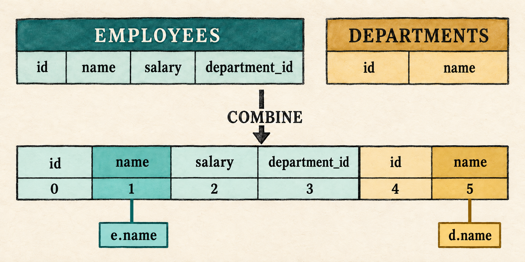 The employee row and department row combine in left-to-right order, allowing e.name to bind to slot 1 and d.name to bind to slot 5 even though both columns are named name.