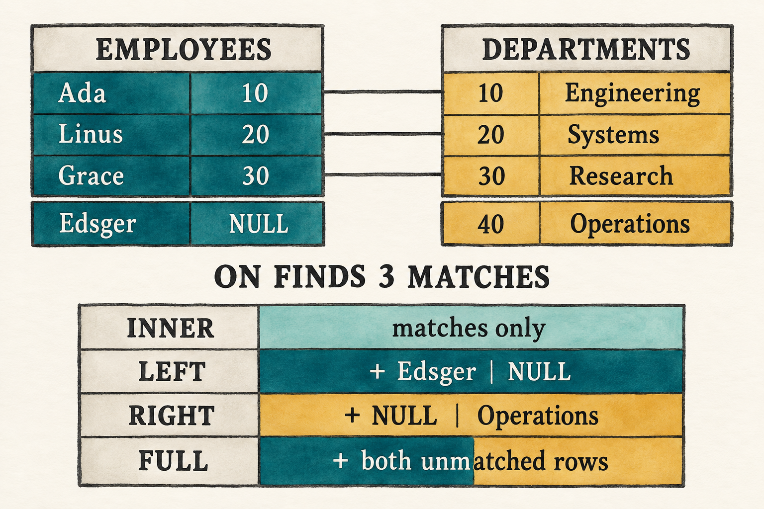 Employee and department rows form three matching pairs, leaving Edsger and Operations unmatched; a preservation key shows which unmatched sides survive each join kind with NULLs for the absent side.