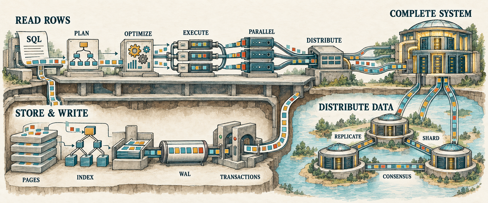 A cutaway map of the complete series follows rows through reading and planning, durable storage and transactions, distributed data, and the completed database system.